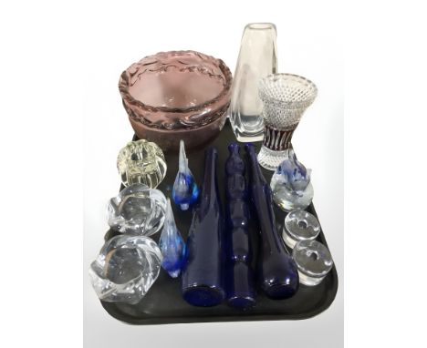 A group of Scandinavian glass tea light holders, paperweights, bottles, vases etc 