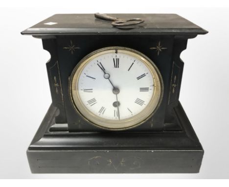 A late Victorian slate eight day mantel clock, height 20 cm.