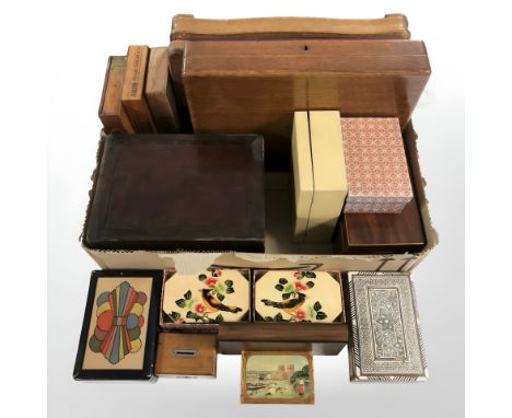A group of table boxes, cutlery canteens, money box, Indian mother of pearl and bone inlaid trinket box etc (1 box)