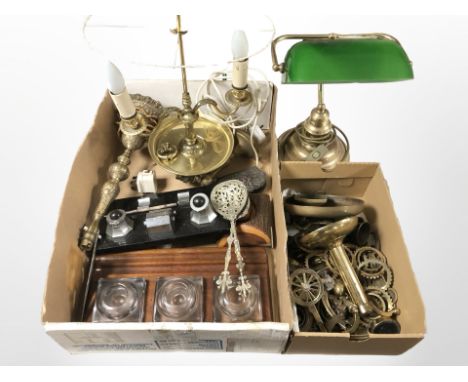 A reproduction banker's style desk lamp, further lamp bases, desk stands, other brass items (2 boxes) 