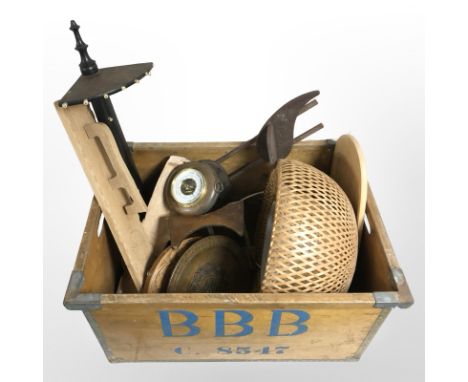 Wicker items, mangle board, carved shallow dish, wicker light shade, kitchen serving patter etc 