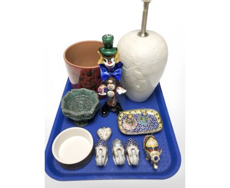 A Murano glass clown, glazed earthenware planter, Royal Copenhagen lamp base (Continental plug), Eastern enamelled items etc 