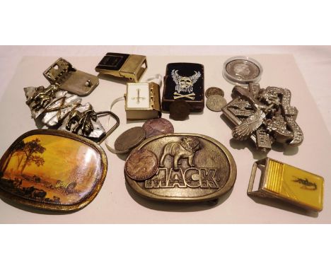 Mixed collectables including coins, belt buckles, lighter etc. P&amp;P Group 1 (£14+VAT for the first lot and £1+VAT for subs