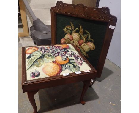 Tapestry stool 48 x 48 x 36 cm, and tapestry fire screen. Not available for in-house P&amp;P 