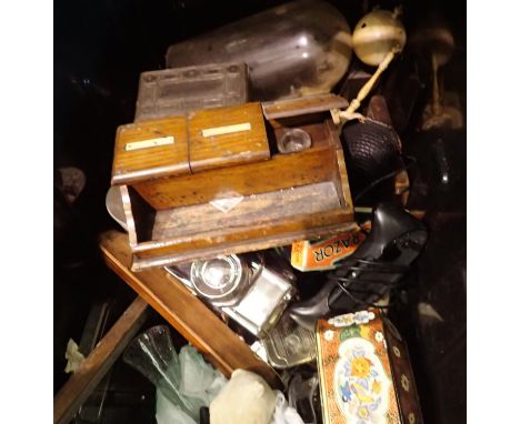 Box of mixed collectibles including inkwell and clock. Not available for in-house P&amp;P 