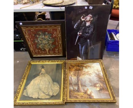 Gilt framed oil on board signed I.Cafieri with two further prints and a tapestry fire screen. Not available for in-house P&am