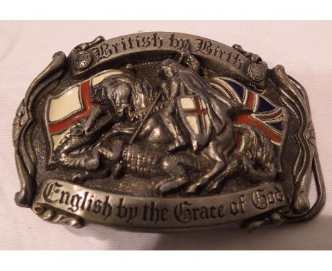 Heavy metal and enamel belt buckle, British By Birth, English, By The Grace of God. P&amp;P Group 1 (£14+VAT for the first lo