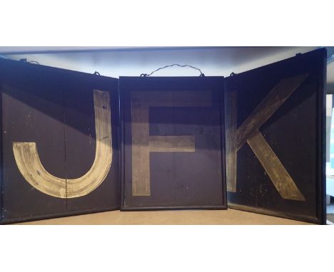 Three wooden wall hanging letters, J F K, 44 X 34 cm. Not available for in-house P&amp;P 