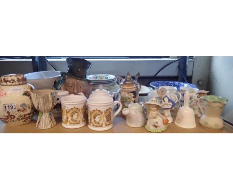 Shelf of mixed ceramics including Spode. Not available for in-house P&amp;P 