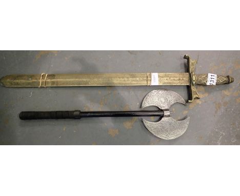 Heavy cast brass sword blade, L: 55 cm and a twin blade axe. P&amp;P Group 3 (£25+VAT for the first lot and £5+VAT for subseq