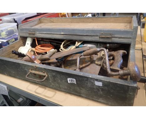 Carpenters wood tool box of mixed carpentry tools. All electrical items in this lot have been PAT tested for safety and have 