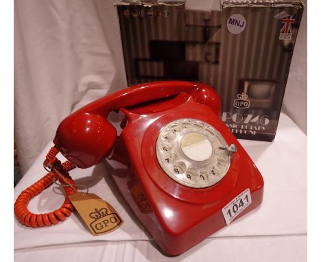 Red 1960/1970s style rotary telephone, compatible with modern telephone banking and any standard analogue landline, boxed. P&