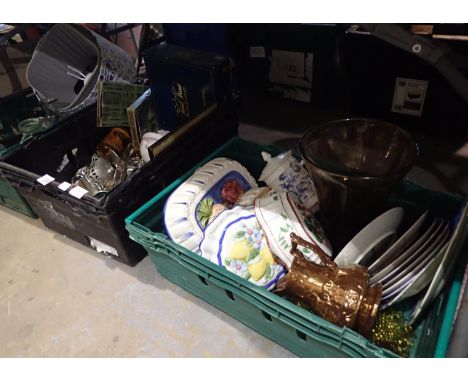 Three boxes of mixed items to include vintage bottles, ceramics and metalware. Not available for in-house P&amp;P 