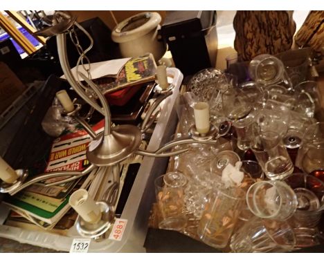 Three boxes of mixed items to include chandelier, tins and tools. Not available for in-house P&amp;P 