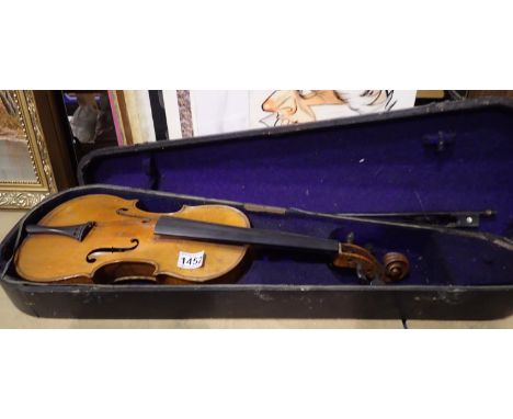 Vintage split back violin in case, with bow. bridge is missing, minor scratches to front, check rest is also missing, sound p