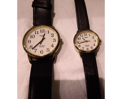 His and hers Timex Indiglo wristwatches, gents working, ladies requires battery. P&amp;P Group 1 (£14+VAT for the first lot a