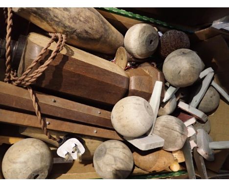 Box of mixed treen including tripod and lamp. Not available for in-house P&amp;P 