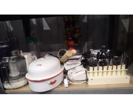 Shelf of mixed items to include slow cooker and mixer. All electrical items in this lot have been PAT tested for safety and h