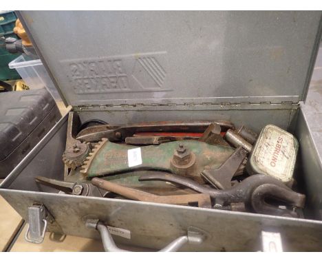 Black &amp; Decker tool box with hand tool contents including bench guillotine. All electrical items in this lot have been PA