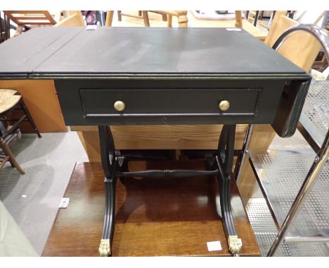 Green leather top console table with drawer, 53 x 173 cm. Over painted. Not available for in-house P&amp;P 