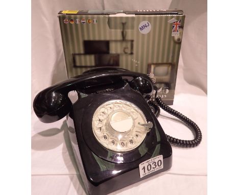Black 1960/1970s style rotary telephone, compatible with modern telephone banking and any standard analogue landline, boxed. 