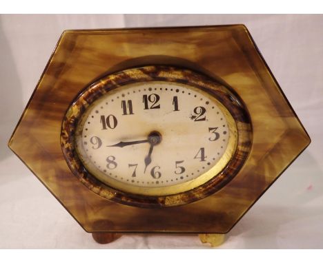 Celluloid tortoiseshell mantel clock, working at lotting. Not available for in-house P&amp;P 