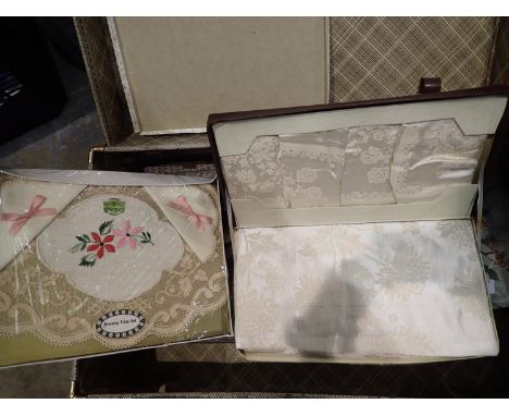 Vintage suitcase containing boxed 1940-1950s linen etc. Not available for in-house P&amp;P 