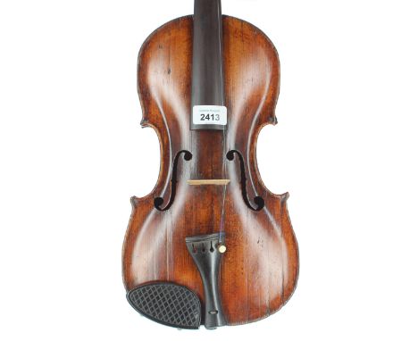 Interesting early 19th century violin with inked purfling and in need of restoration labelled John Barrett...Piccadilly, Lond