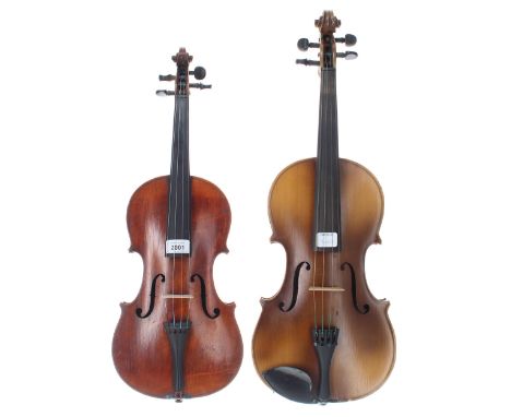 Early 20th century German violin, 14 3/16", 36cm (table sound post crack); also a contemporary viola labelled Berini, 15 1/2"