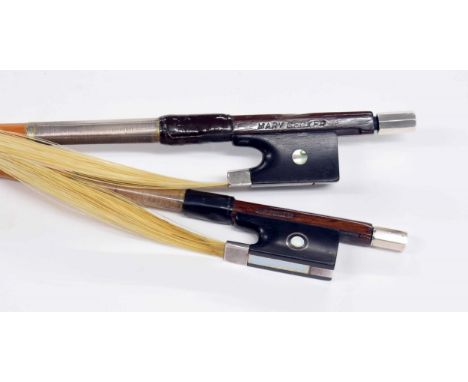 English silver mounted violin bow by and stamped L. Cocker, with cane stick, 60gm; also another English silver mounted viola 
