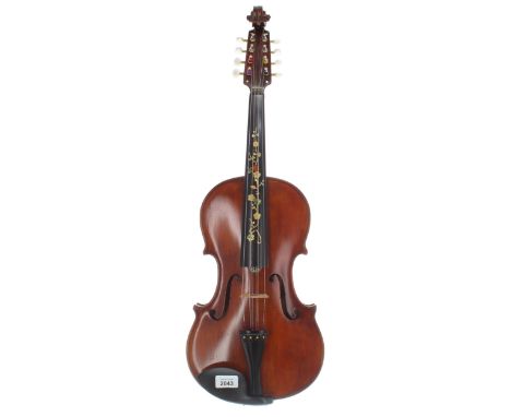 Interesting and unusual eight string viola, with four strings above the fingerboard and four sympathetic strings beneath, the