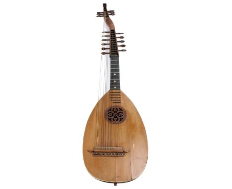 Early 20th century German Theorbo seventeen string lute, with ribbed satin maple wood bowl back, spruce table, scalloped fret