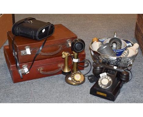 Pillar telephone, black telephone, two suitcases, plated punch bowl, two pewter tankards etc