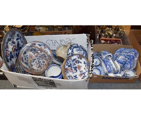 ~A 19th century sprigged stoneware teapot dated 1899, various blue and white dinner wares including Doulton and a quantity of