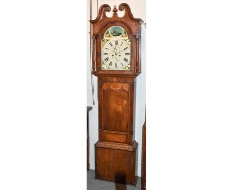 ~An oak and mahogany eight day longcase clock, the painted arched dial signed Isaac Burton, Ulverston, circa 1830.  Case is f