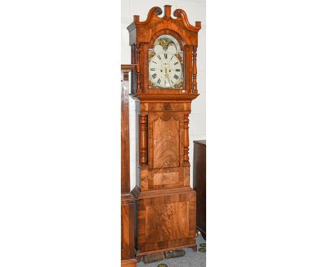 ~A 19th century mahogany eight day longcase clock with painted arched dial, incorporating a moon roller and two subsidiaries 