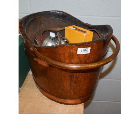 A copered and copper banded coal bucket, with liner together with a carbide lamp and three cameras (5) 