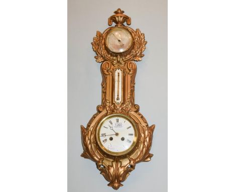 A gilt metal clock/aneriod barometer / thermometer, circa 1890