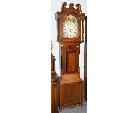 An oak and mahogany thirty hour longcase clock, arched painted dial signed Anthony Binks, Darlington, circa 1850