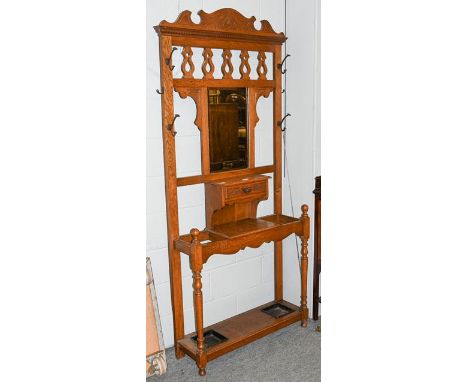 Victorian light oak, single-drawer hall stand with bevelled mirror plate 90cm by 28cm by 210cm 