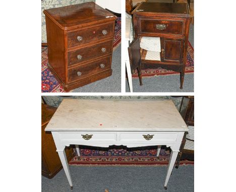 An Edwardian painted marble topped washstand, 107cm by 53cm 78cm together with a Victorian mahogany commode and a 1940s conve