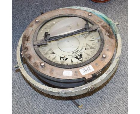 A brass ships compass by ARKAS, no.2068, Copenhagen, on a gimbal, 29cm 