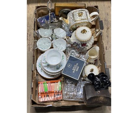 A box full of assorted collectibles including Royal Worcester egg coddlers, shipping unavailable