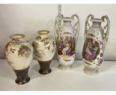 Two pairs of antique ceramic vases (one pair has damage/repair) tallest pair H36cm, shipping unavailable
