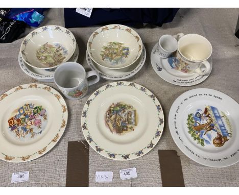 A job lot of assorted children's ceramic breakfast items including Bunnikins, shipping unavailable