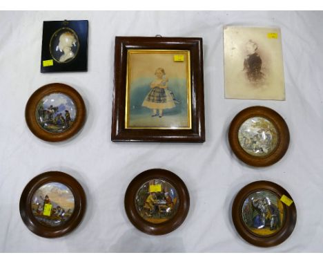Five wood mounted pot lids including Uncle Toby, a pair and two vintage photographs