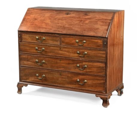Early 19th century mahogany bureau with slope front, fitted interior over two short and three long cockbeaded graduated drawe