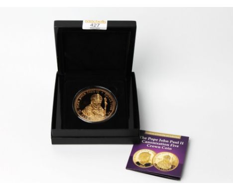 Pope John Paul II commemorative 5 crown coin in 24 carat gold bejewelled with two Swarovski amethyst crystals 