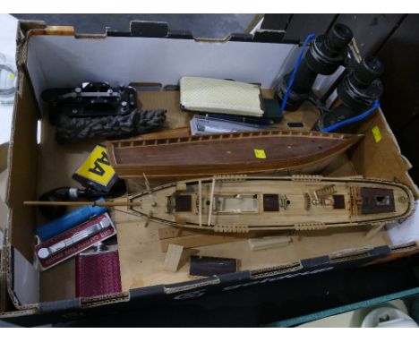 Box of wooden ship hulls, pair of Bino Prism binoculars No 5, pens, AA Badge, pipe etc