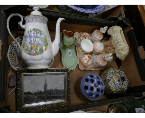 Box of ceramics, Sylvac rabbit planter, Royal Albert Silver Birch coffee pot, Clifton Chintz lidded jar, Jasperware pot pourr